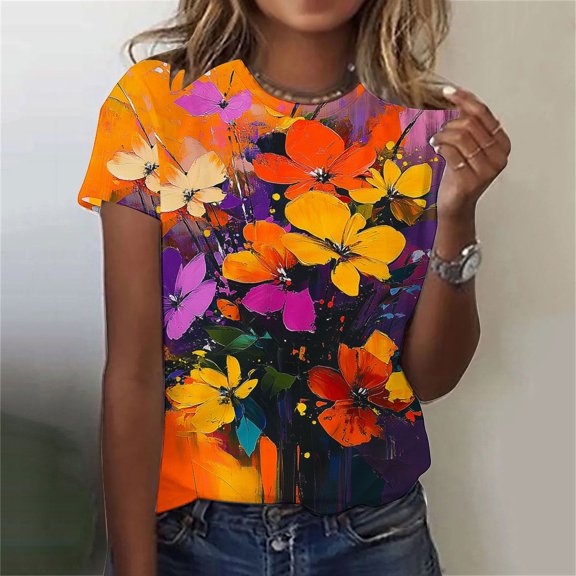 Fengqque 2025 Women's Sexy Summer Printed Round Neck Regular Fit Top