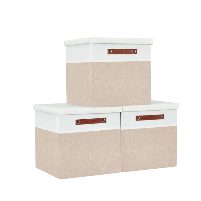 DECOMOMO 3-Pack Stackable Foldable Cube Storage Bin W/ Lids | Rugged Canvas Fabric Container with PU Handles