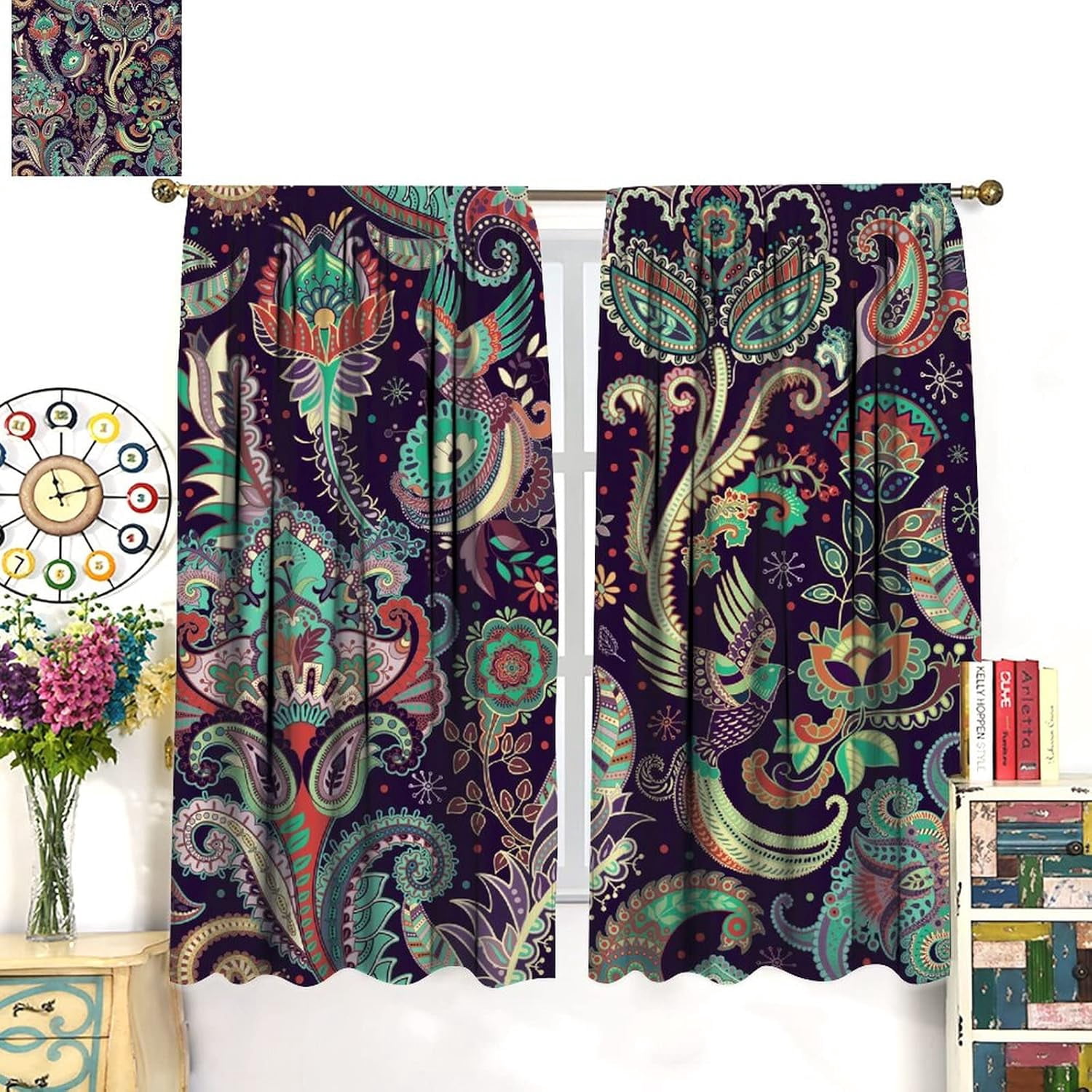 Boho Curtains, Traditional Geometric Ethnic Style Beautiful Floral Pattern, Blackout Curtains Living Room Bedroom Dim Room, 2 Panel Set, 42X84x2 in.