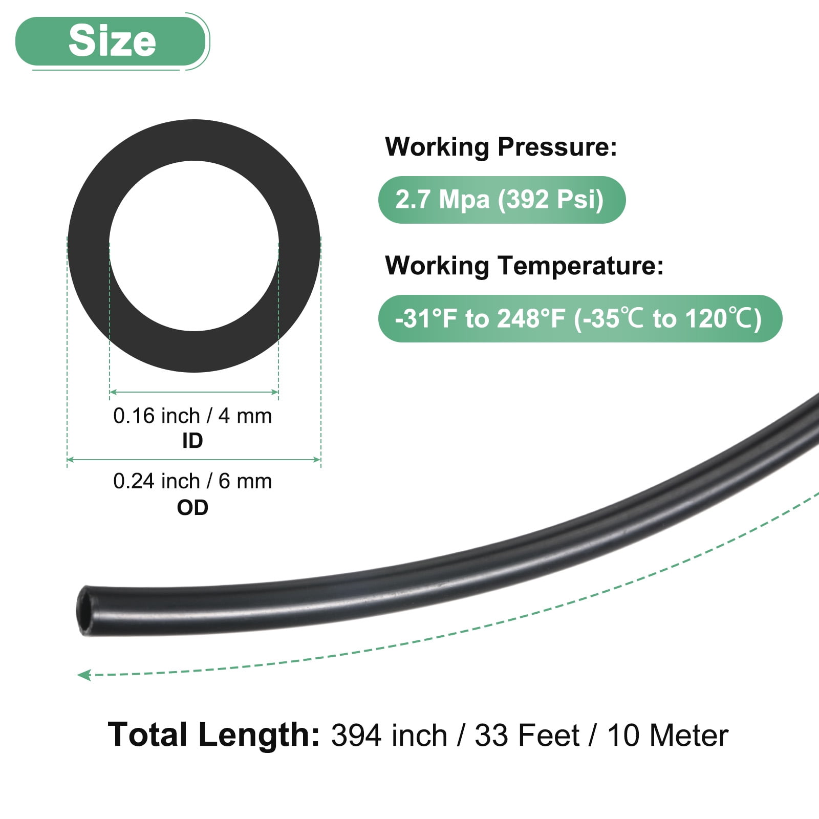 Uxcell Nylon Line Hose Tube, 0.16"(4mm) ID x 0.24"(6mm) OD PA6 Pneumatic Air Line Tubing for Fluid Transfer [10M/33FT, Black]