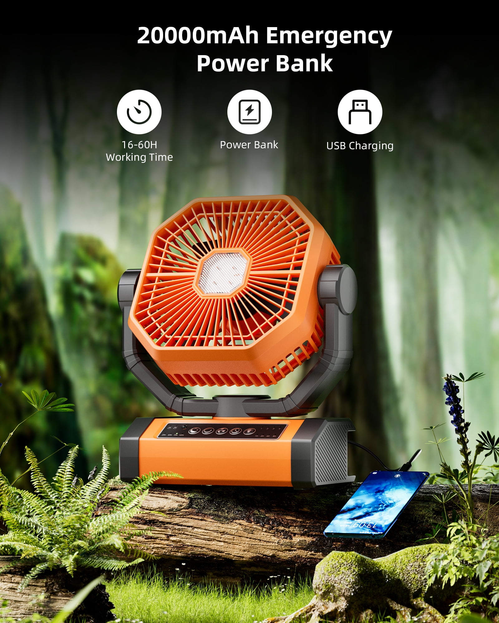 MORIKO Portable 20000mAh 4Speed Quiet Brushless Rechargeable Electric Household Fan