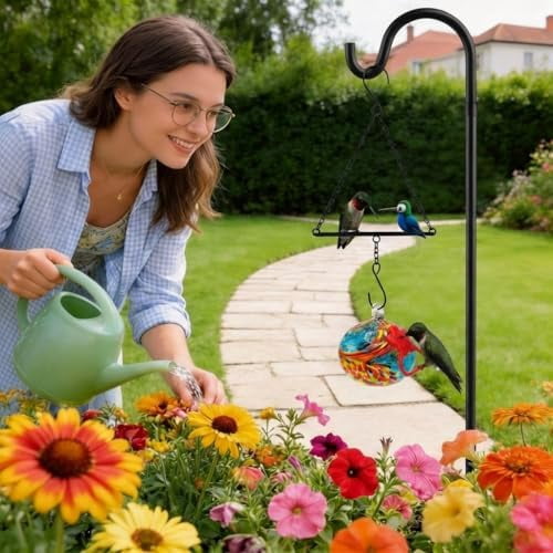 Hummingbird Feeder for Outdoors Hanging,Metal Hummingbird Swing with Hand Blown Glass Hummingbird Feeder,Artistic Bird Perch & Garden Decor, Unique Gardening Gifts for Women(Blue)