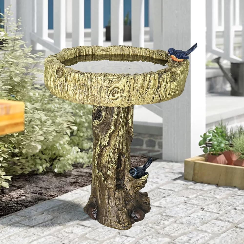 24.4” H Fibre Reinforced Concrete Outdoor Garden Bird Bath with Birds, Woodland Tree Trunk Decoration Yard Statue，Pedestal Birdbaths for Outdoors, Garden, Patio, Lawn, Backyard
