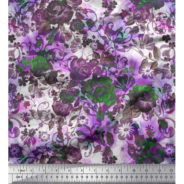 Soimoi Tissu Satin Modal Feuilles & Roses Imprimés de Tissu au Mètre 42 Pouces de Large