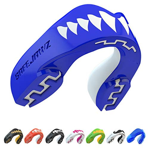 SAFEJAWZ Mouthguard Slim Fit, Adults and Junior Mouth Guard with Case for Boxing, Basketball, Lacrosse, Football, MMA, Martial Arts, Hockey and All Contact Sports (Shark, Youth (Up to 11 Yea
