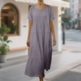 thumbnail image 2 of Rvasteizo Womens Short Sleeve Round Neck Dress Solid Color Linen Long Casual Summer Dress, 2 of 5