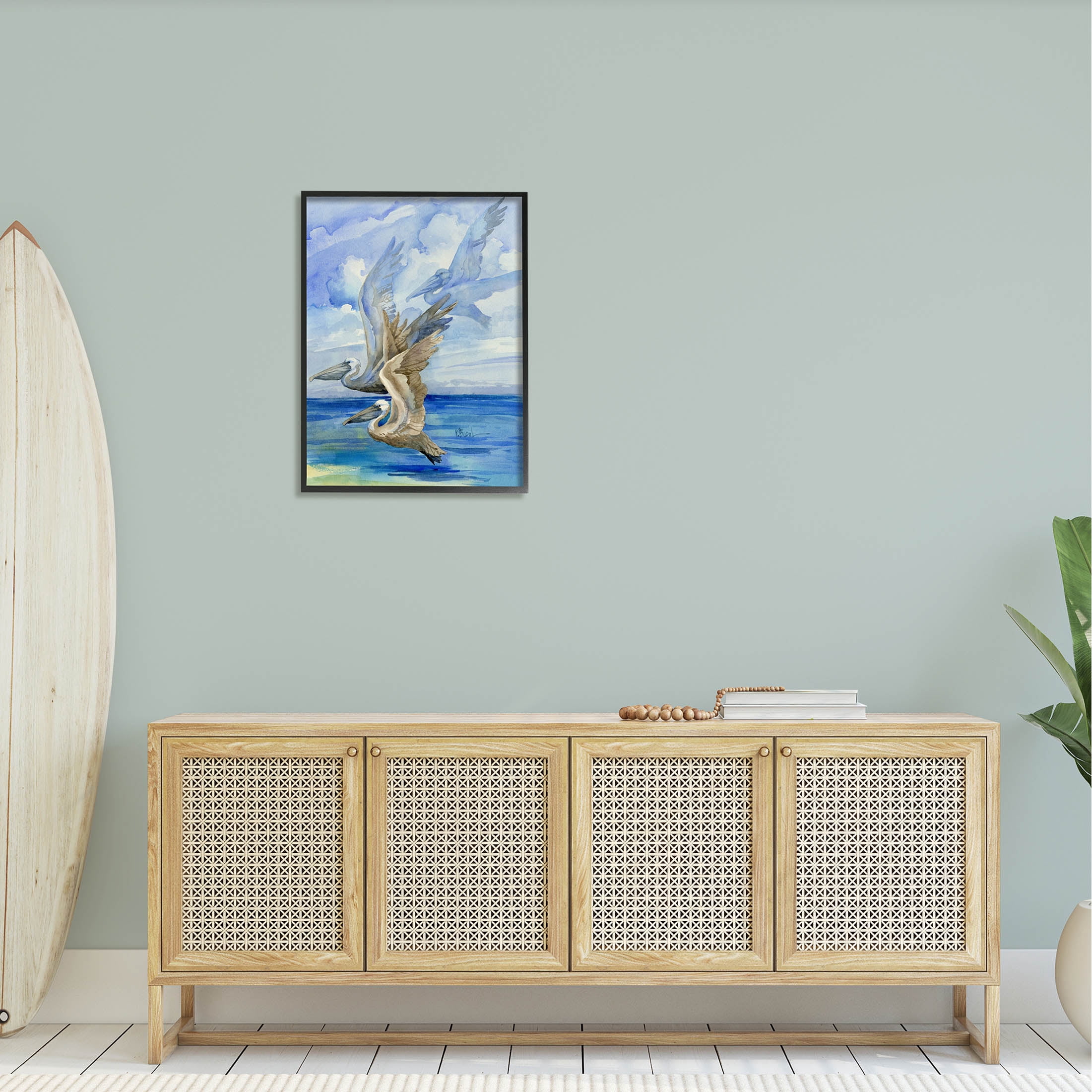 Stupell Industries Pelicans Trio Over Ocean Shore Painting Black Framed Art Print Wall Art, Design by Paul Brent