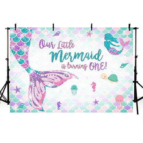 7x5ft Mermaid One Birthday Photography Backdrop Under Sea Girl Princess 1st Birthday Party Decoration Mermaid Tail Purple Pink Teal Sparkle Glitter Photo Studio Background Banner