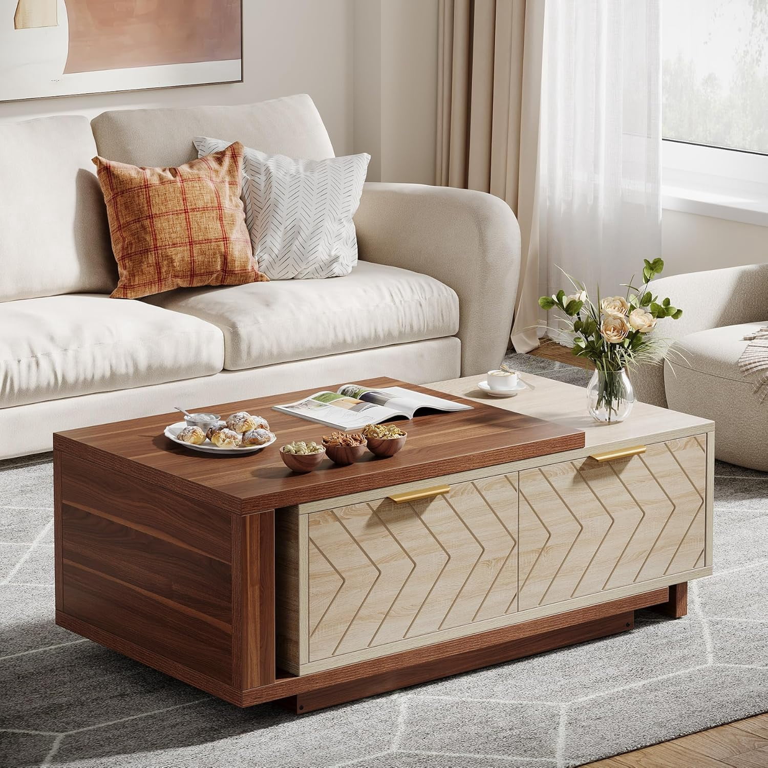 Tribesigns Extendable Coffee Table with 2 Storage Drawers, Dual-Tone Center Table with Sliding Tabletop, Multi-functional Hidden Storage Wooden Rectangle Cocktail Table for Living Room, Walnut & Oak