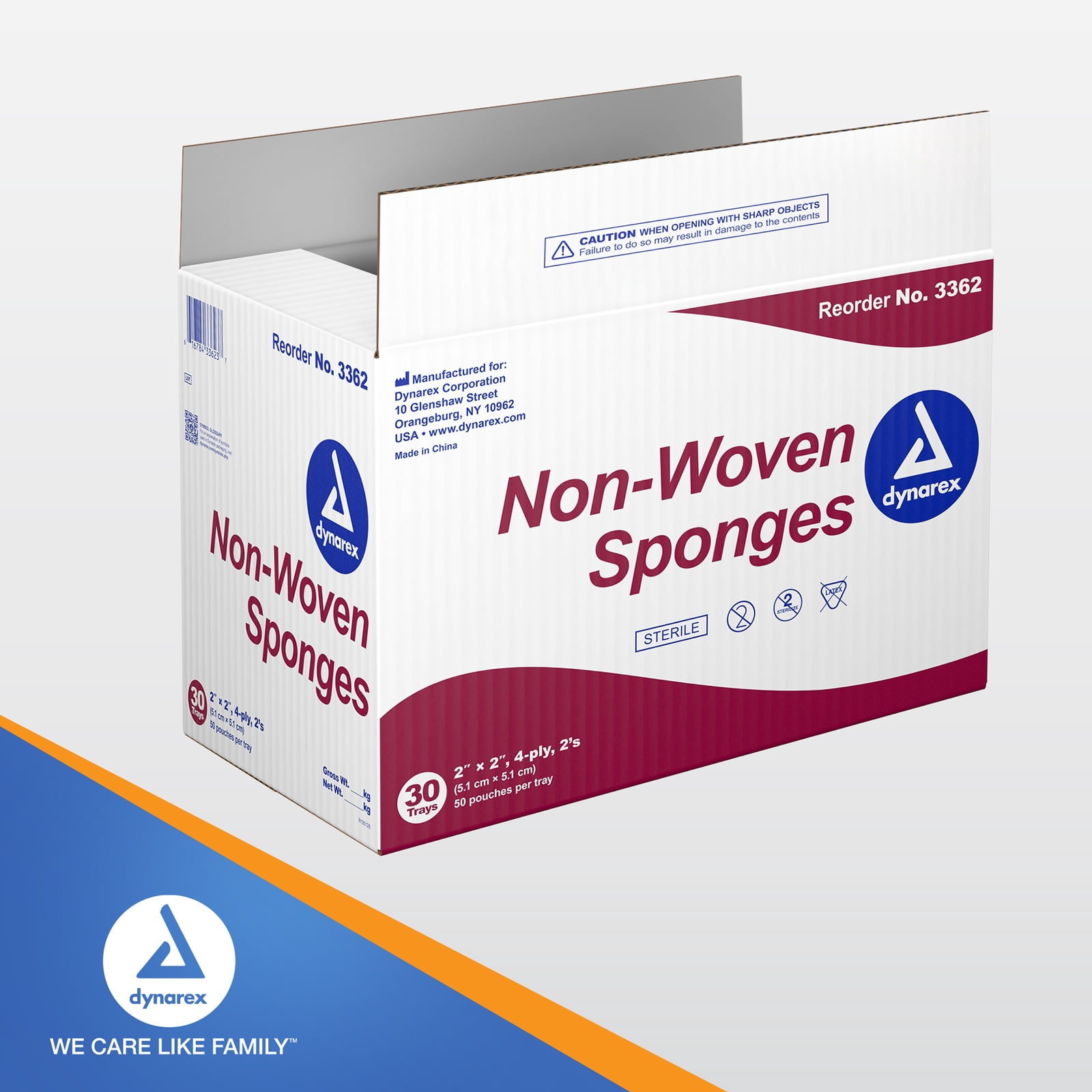 Dynarex Non-Woven Sponges, Sterile Gauze Sponges, for Cleansing, Prepping and Dressing, 2" x 2", 4 Ply, 1 Case of 1500 (30 Boxes of 50)