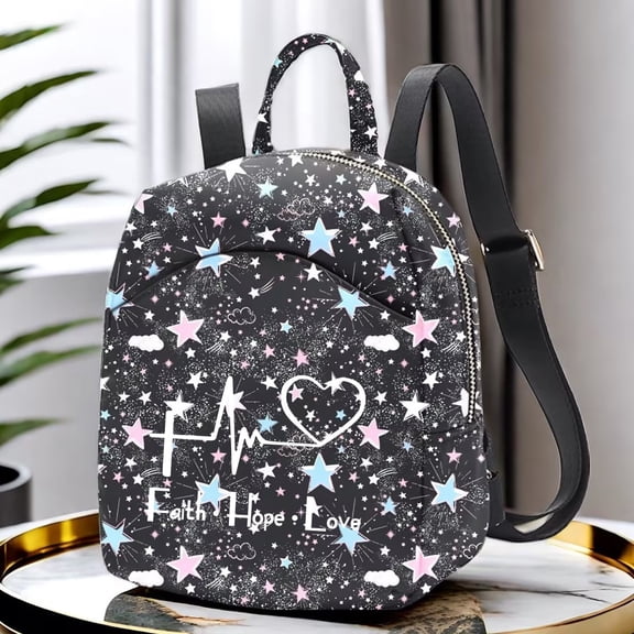 Alikpop Faith Hope Love Star Print Mini Backpack Purse, Black Galaxy Y2K Small Daypack with Heartbeat Graphic for Women