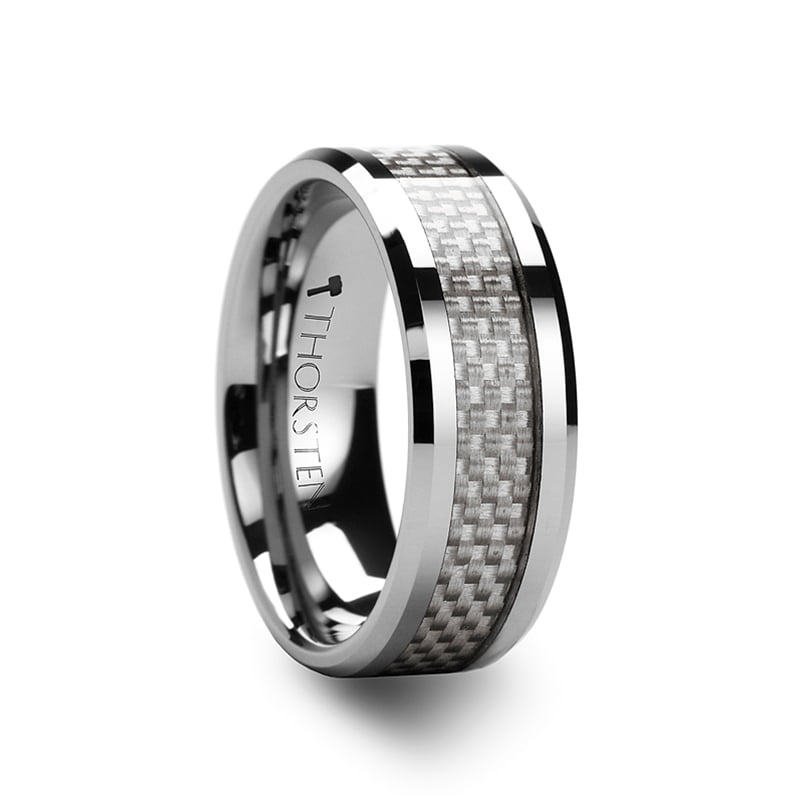 12mm 10mm ULTIMUS Beveled White Carbon Fiber Inlay Tungsten Wedding Ring Band 