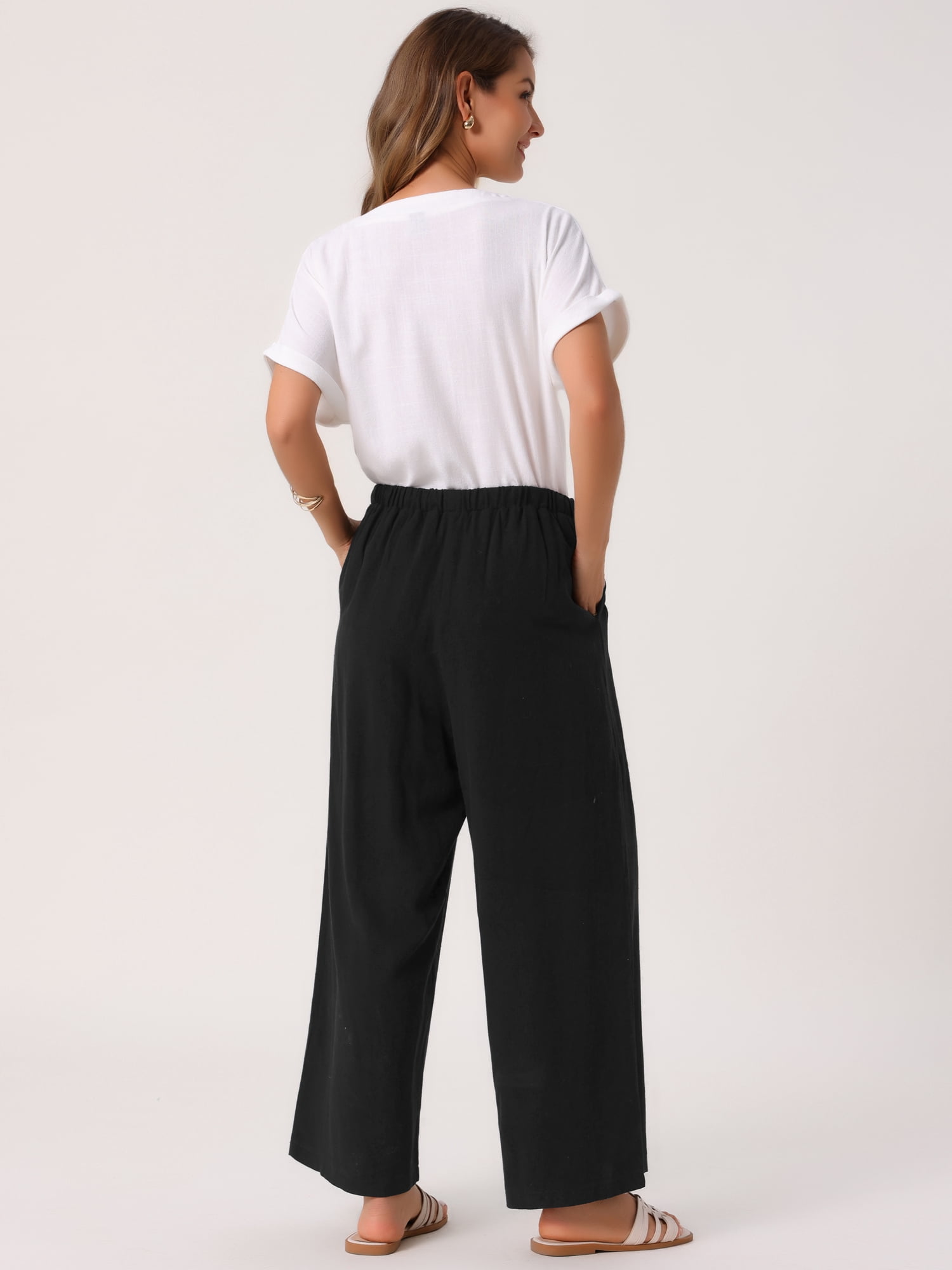 DARING DIVA Women's Linen Flowy Palazzo Trousers with Pockets XL Black