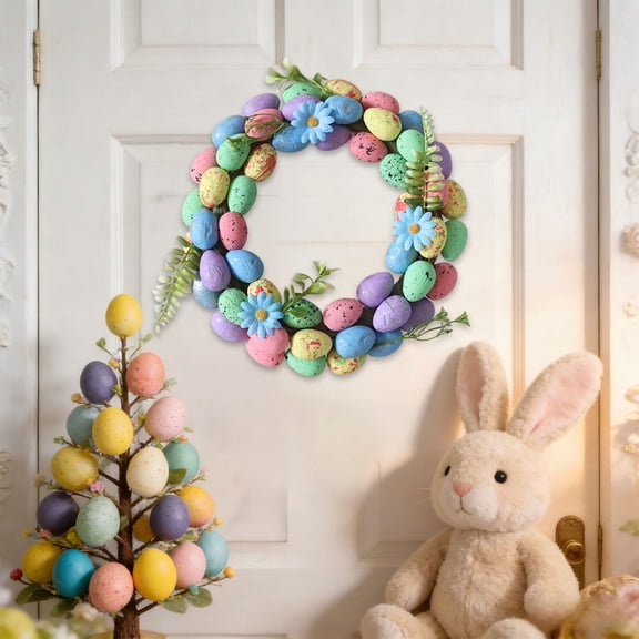 Exquisite Easter Bunny Wreath with Resurrection Eggs – Colorful Plastic Garland for Front Door, Farmhouse Porch, Wall & Mantel Holiday Decor (10.6 Inch),A