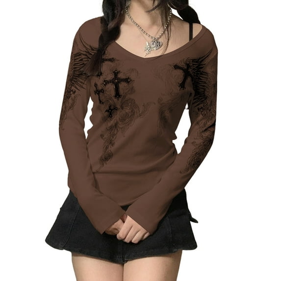Dewadbow Women Oversized T-Shirts Long Sleeve Round Collar Vintage Graphic Print Tee Tops E-Girl Streetwear