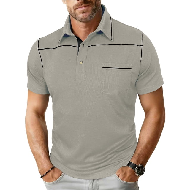 Blusa y camisa de manga corta con cuello vuelto para hombre, blusa de manga corta de color liso con botones y bolsillo y cuello vuelto, blusa de poliéster para hombre