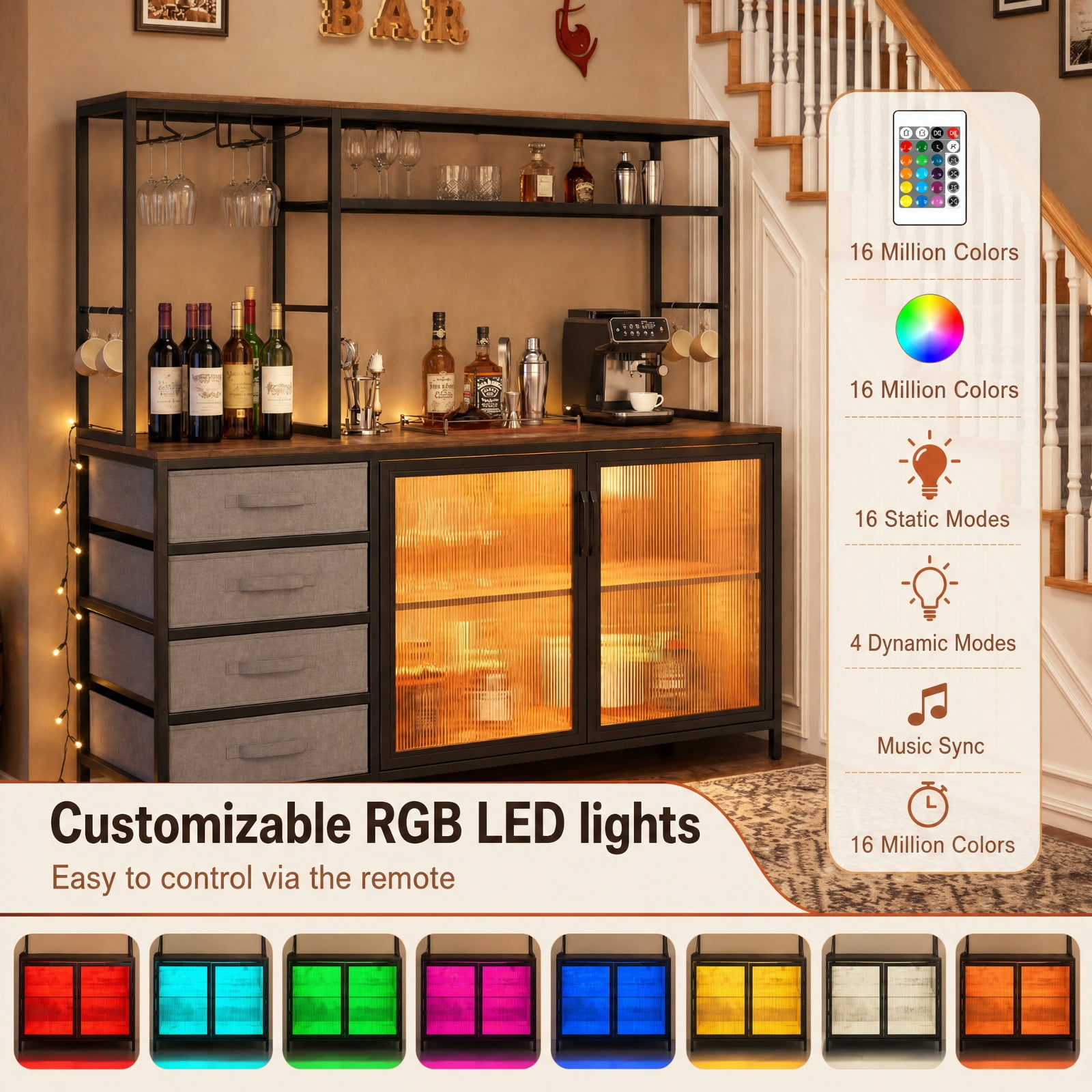 Furnibear Sideboard Buffet Cabinet with LED Lights 55 inch Coffee Table with Power Outlets for Kitchen Dining Living Room Buffet, Rustic Brown