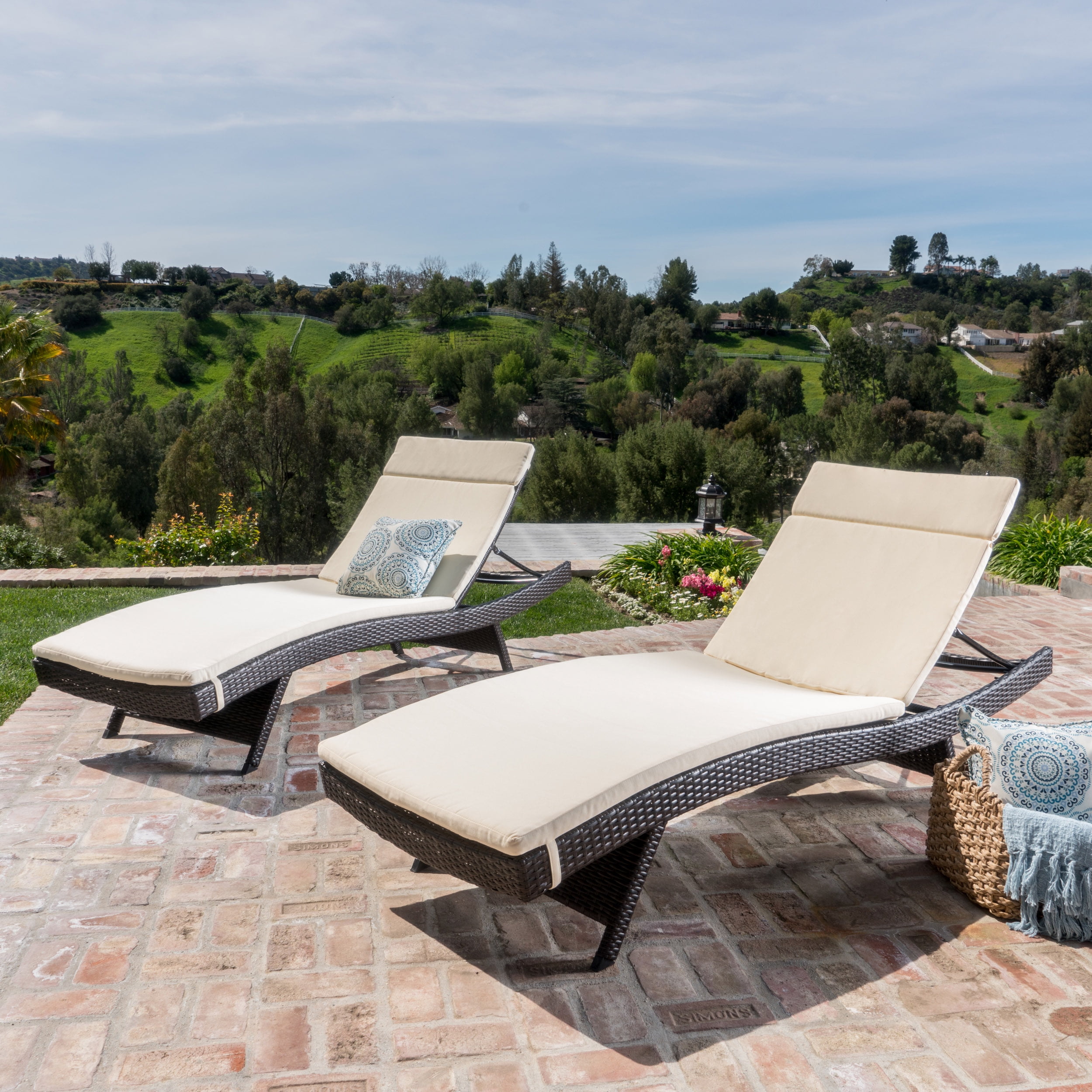 Noble House Outdoor Brown Wicker Adjustable Chaise Lounge with Beige Cushions (Set of 2) by Noble House