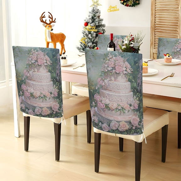 YAZAOO Chair Covers Set Home Kitchen Tiered Cake with Pink Roses Party Decor Seat Back Cover Protector