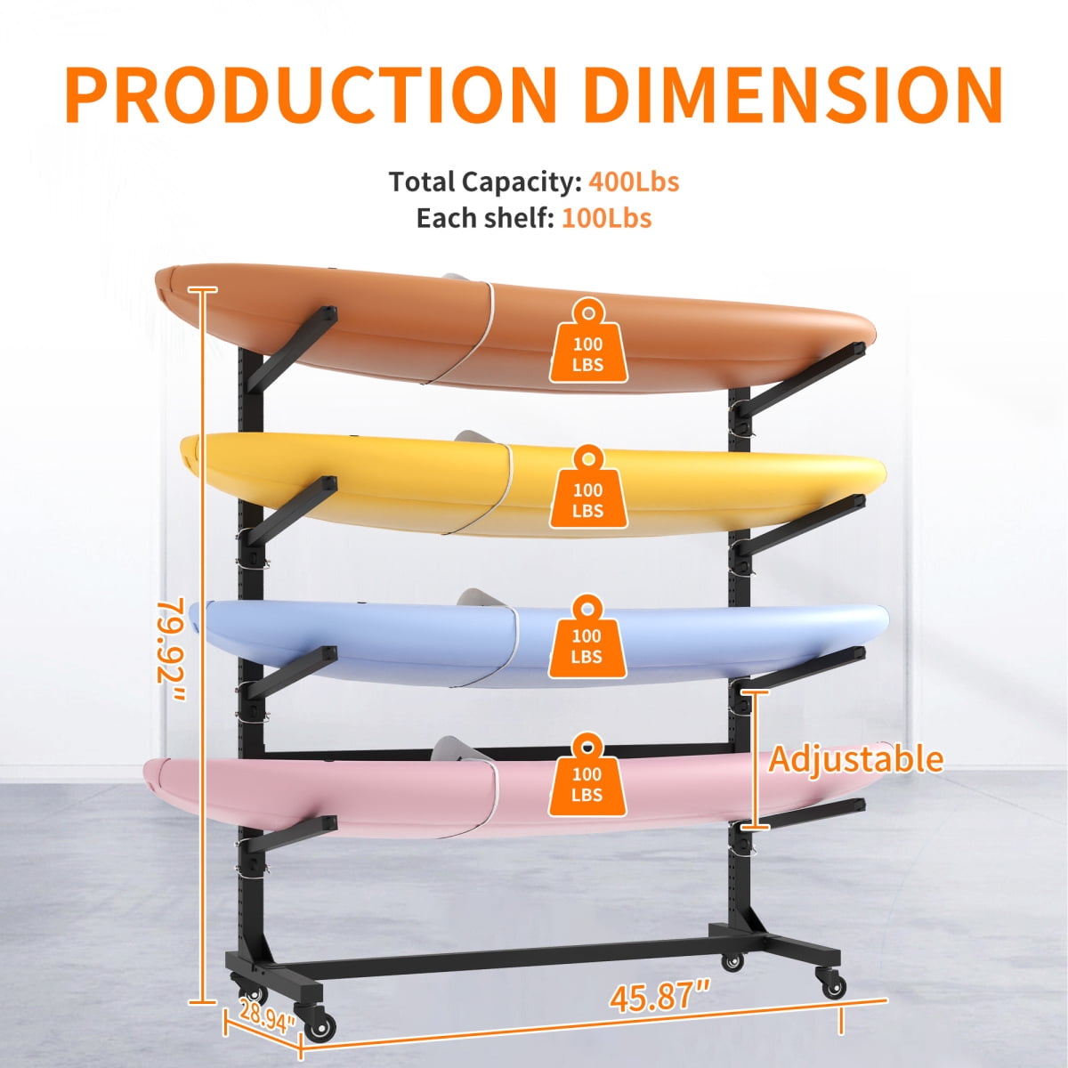 80" Freestanding Kayak Storage Rack – Holds 4 Kayaks, Adjustable with Lockable Wheels, Heavy-Duty