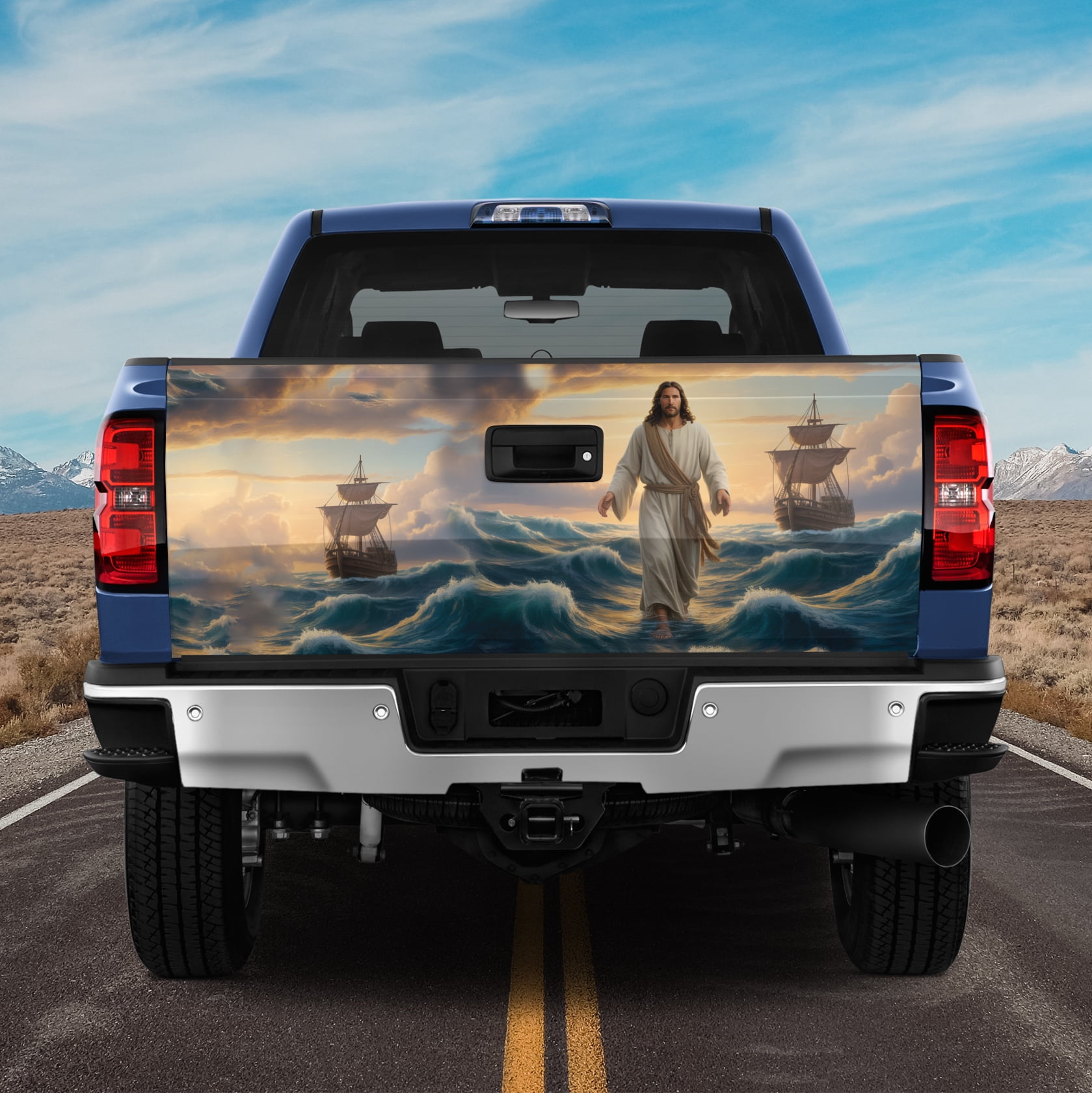 Jesus Walking on Water Tailgate Wrap – Christian Faith Ocean Scene Truck Tailgate Decal, Inspirational Bible Art Rear Gate Vinyl Wrap
