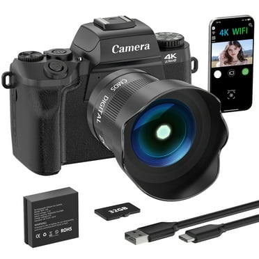 Saneen Digital Camera for Photography 4k 64MP WiFi 4.0'' Dual  Video Cameras for YouTube with 32GB SD Card 3000mAH Battery Black