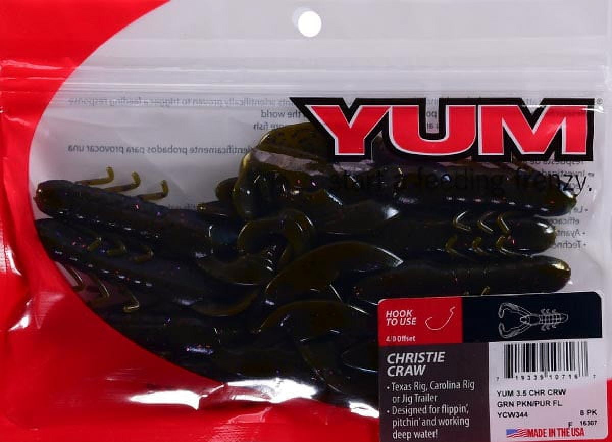 YUM Christie Craw Soft Plastic 3 1/2" Green Pumpkin Purple Flake 8 Count
