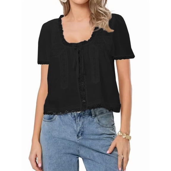 Women Tie Front Lace Trim Top Sheer Short Sleeve Scoop Neck Button Shirt Y2k Ruffle Flowy Boho Crop Tops Black L