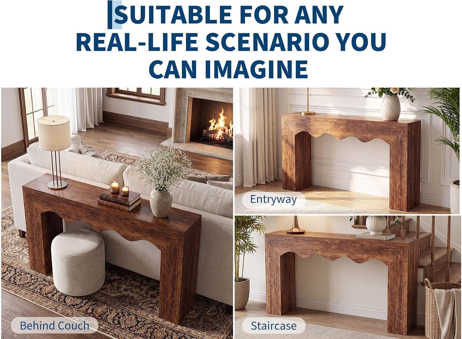 63" Farmhouse Console Table, Wooden Texture Entryway Table with Wave Design, Sturdy Sofa Table Behind Couch, 300LB Capacity Hallway Table for Living Room, Brown