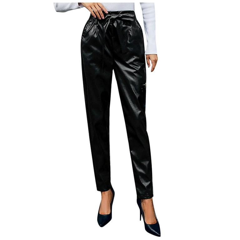 Kayannuo Leather Pants for Women Back to School Clearance Women's Solid  Color Patent Leather High Waist Belt Pencil Trousers Black