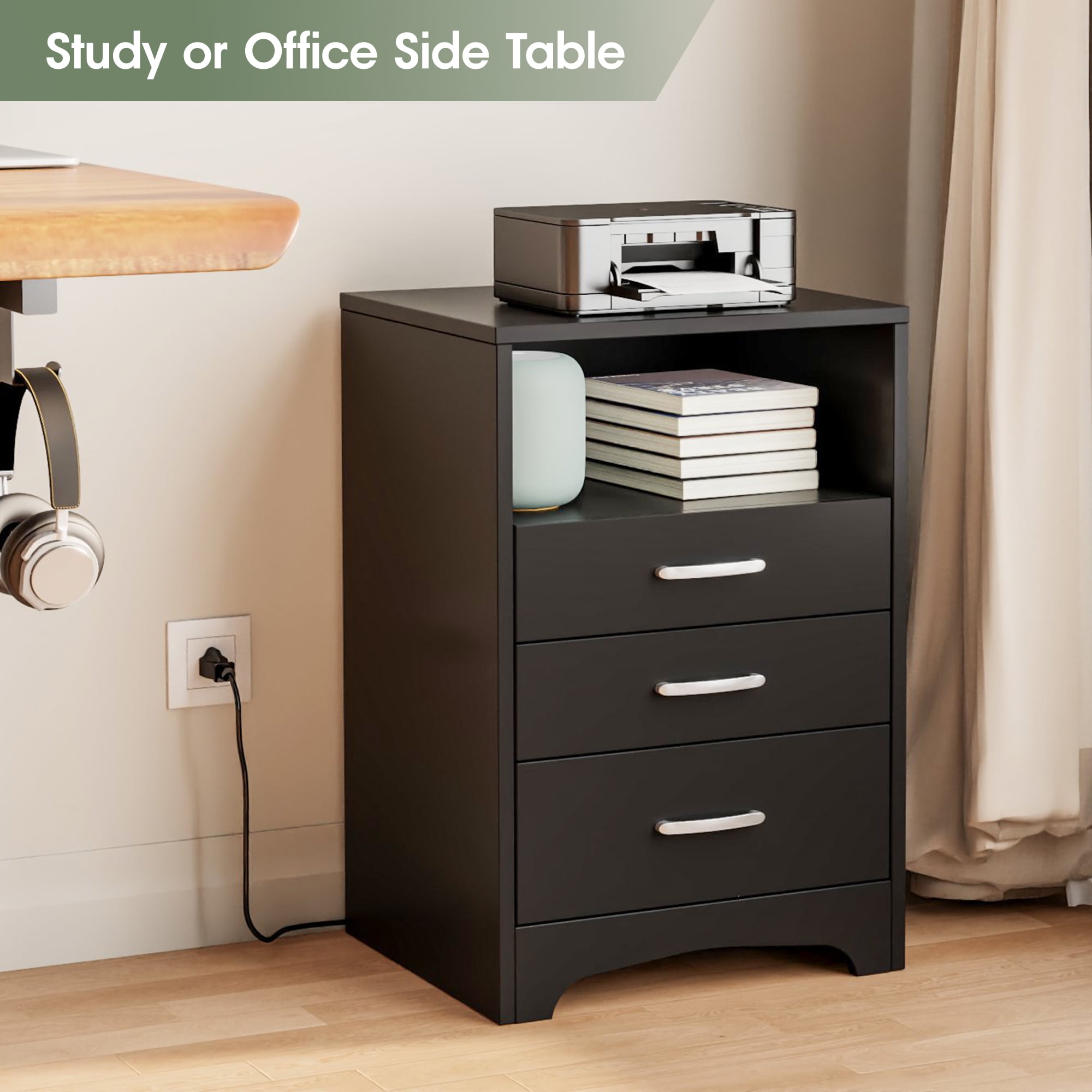 VEANERWOOD Nightstand Set of 2 with 3 Drawers and Charging Station 24" H End Side Table, Black