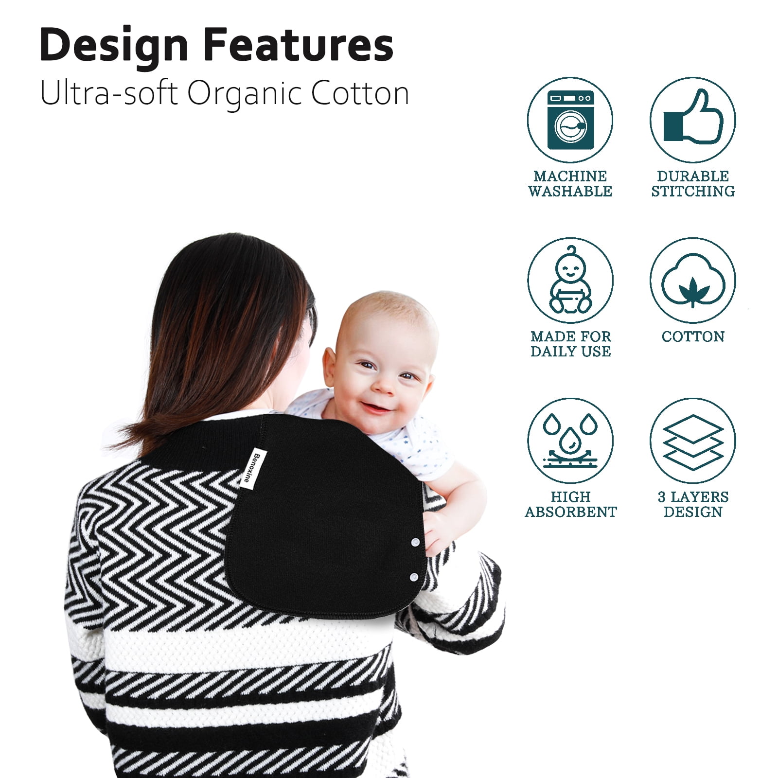 2-in-1 Baby Bibs & Burp Cloths Set, 3-Layer Design, Large Size, Super Absorbent, 100% Organic Cotton, Soft & Comfortable，12-Pack