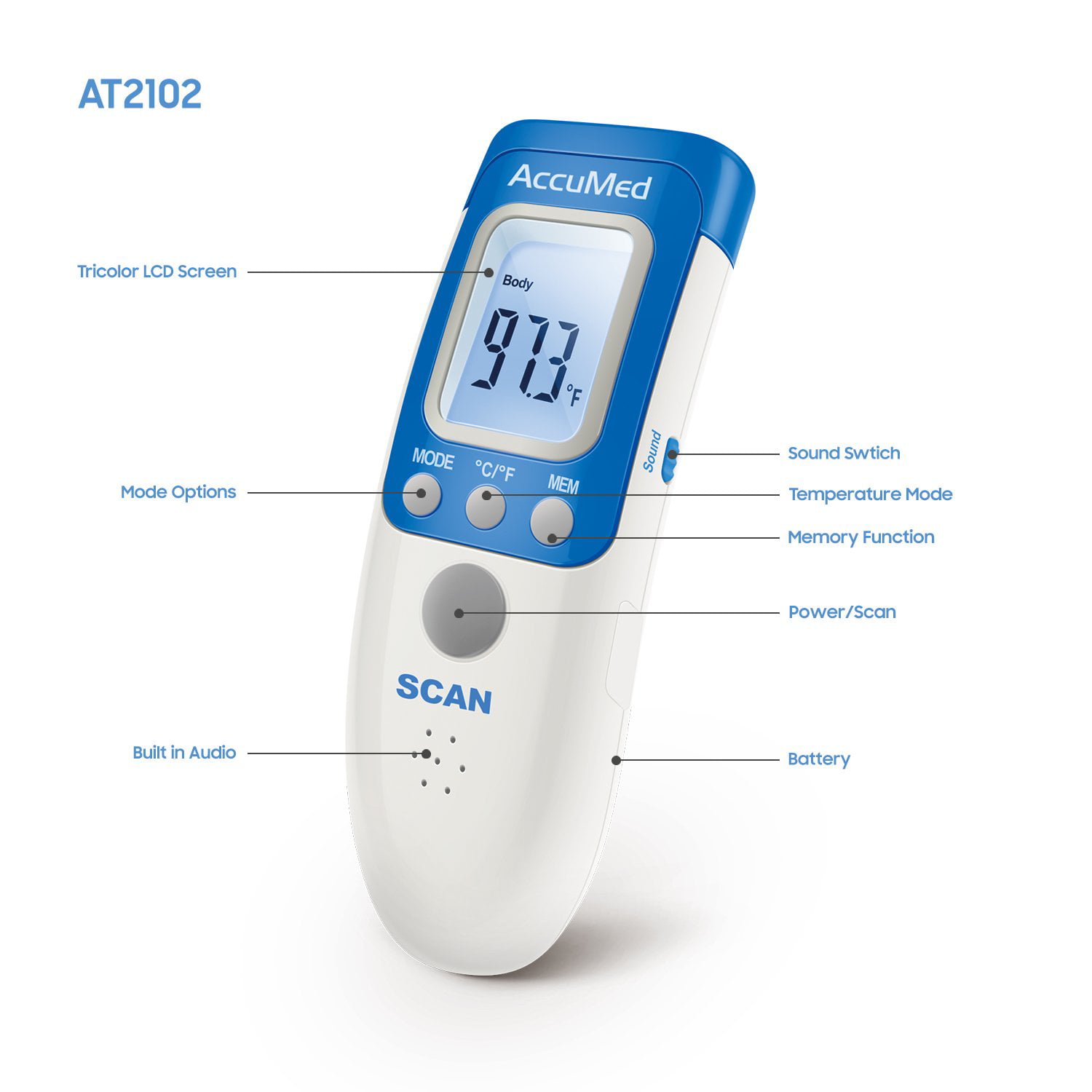 AccuMed AT2102 Infrared Medical Thermometer Non-Contact Instant-Read Handheld 