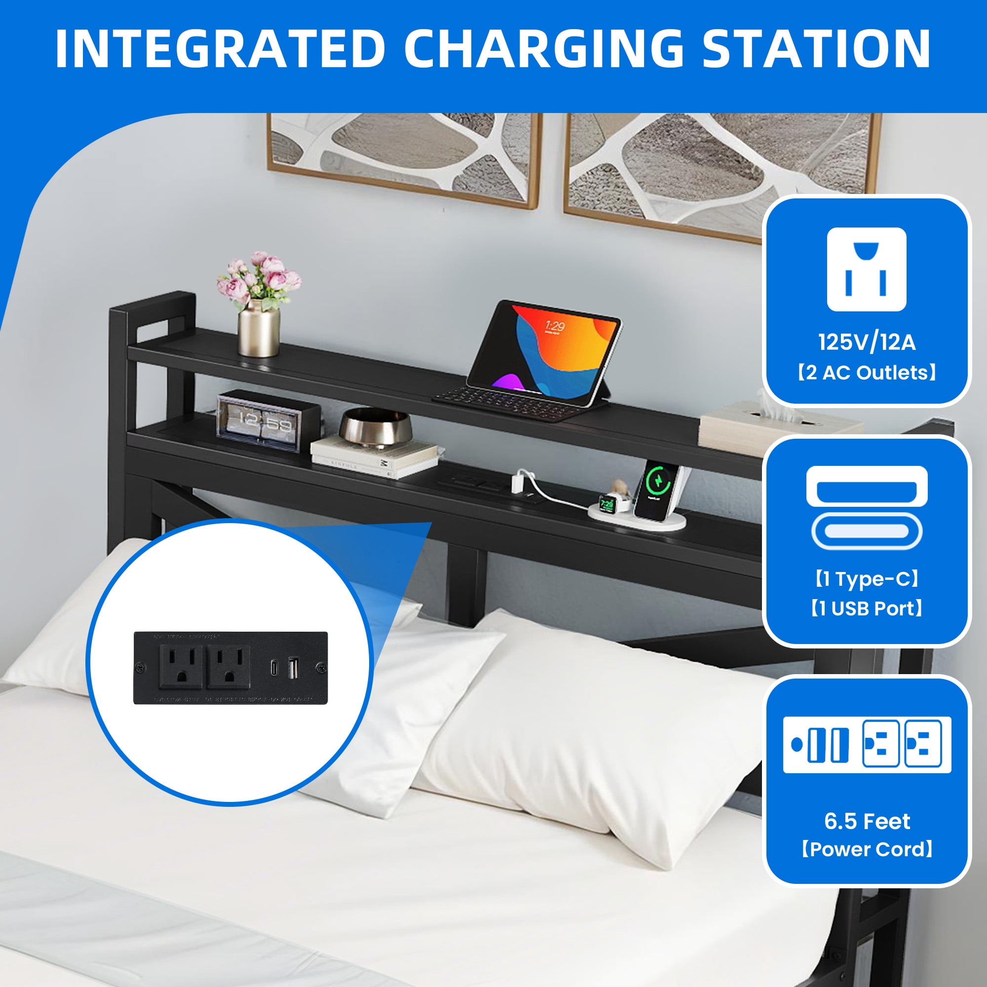 Dextrus Modern Floating Bed Frame, Full Size Bed Platform with 2-tier Storage Headboard, Noiseless Metal Frame, Built-in Power Hub, and LED Lights, Black