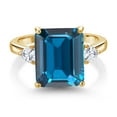 thumbnail image 2 of Gem Stone King 18K Yellow Gold Plated Silver 3-Stone Ring Emerald Cut London Blue Topaz and Moissanite (7.82 Cttw, Size 8), 2 of 3