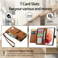 thumbnail image 6 of For Samsung Galaxy S21 FE 5G Leather Phone Case Wallet Zipper Pocket Pouch Folio Flip Cover Kickstand, Multi Anti-theft Card Holder Cash Slot, Double Magnetic Buckle, Wrist Lanyard,Brown, 6 of 11