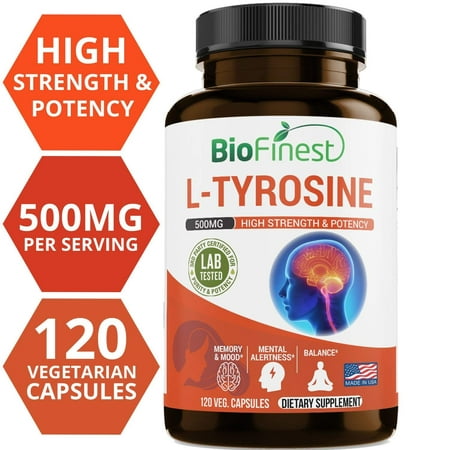 Biofinest Pure Natural L-Tyrosine 500 mg - For Mental Clarity & Alertness, Boosts Energy - Dietary Supplement For Stress & Anxiety Health (120 Vegetarian