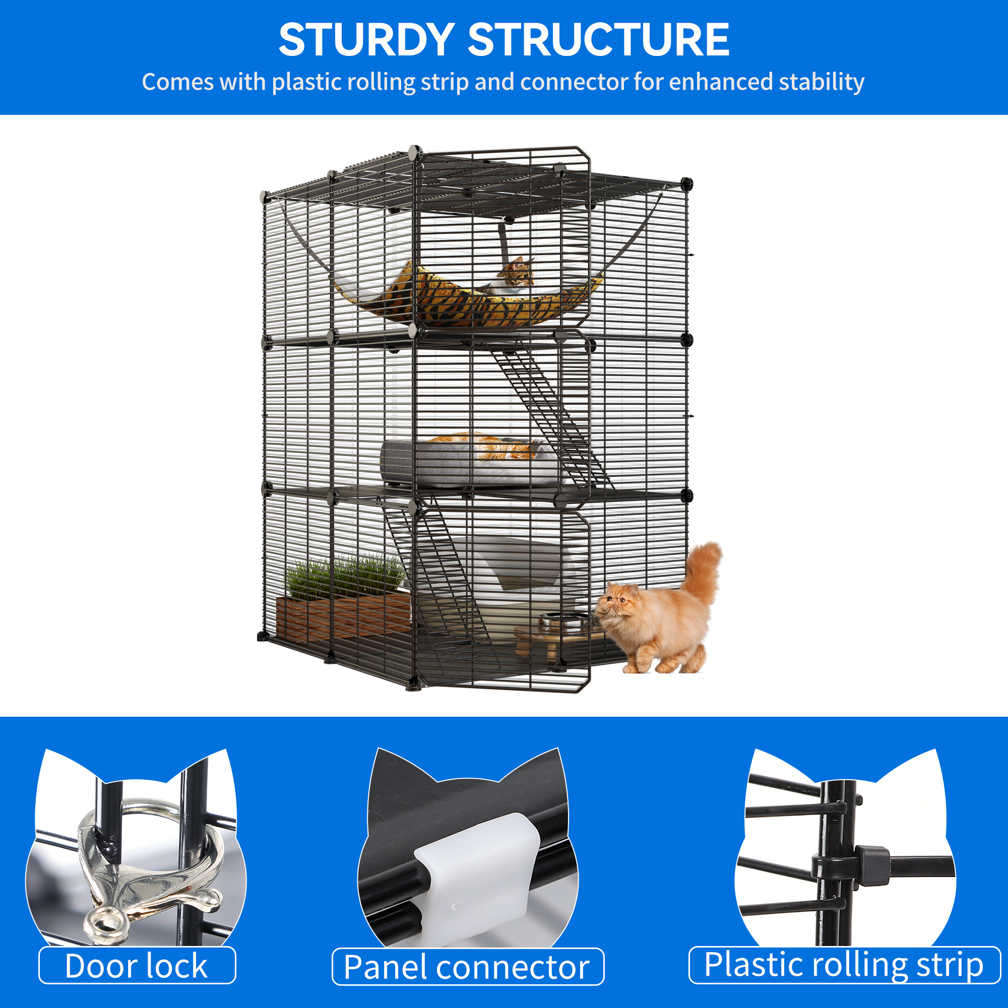Dextrus Indoor Cat Cage with Extra Large Hammock for 1-2 Cats - DIY Cat Enclosure with Extra Large Hammock for Multiple Small Animals Cats, Ferret, Chinchilla, Rabbit,(28"L x 28"W x 41"H,Black) - image 4 of 5