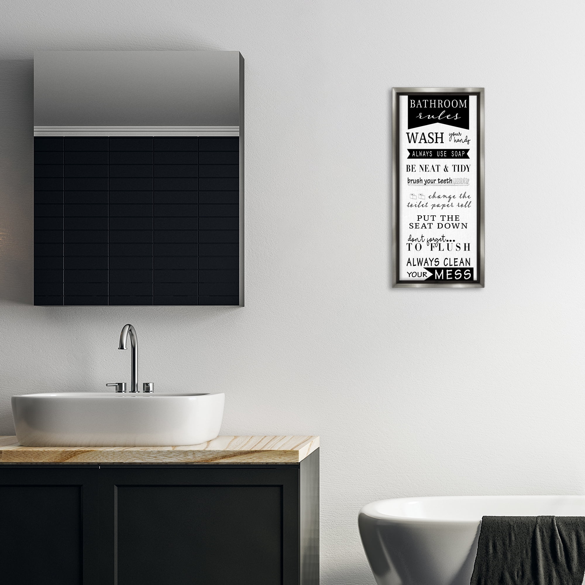 Stupell Industries Black Bathroom Rules Typography Painting Gray Floater Framed Canvas Art Print Wall Art, 11 x 25