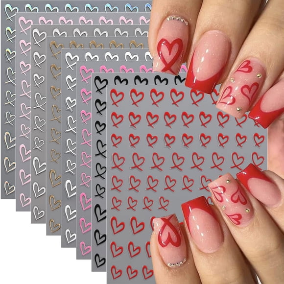 Pegatinas de uñas BMKKOT Heart 3D autoadhesivas para San Valentín, 8 unidades
