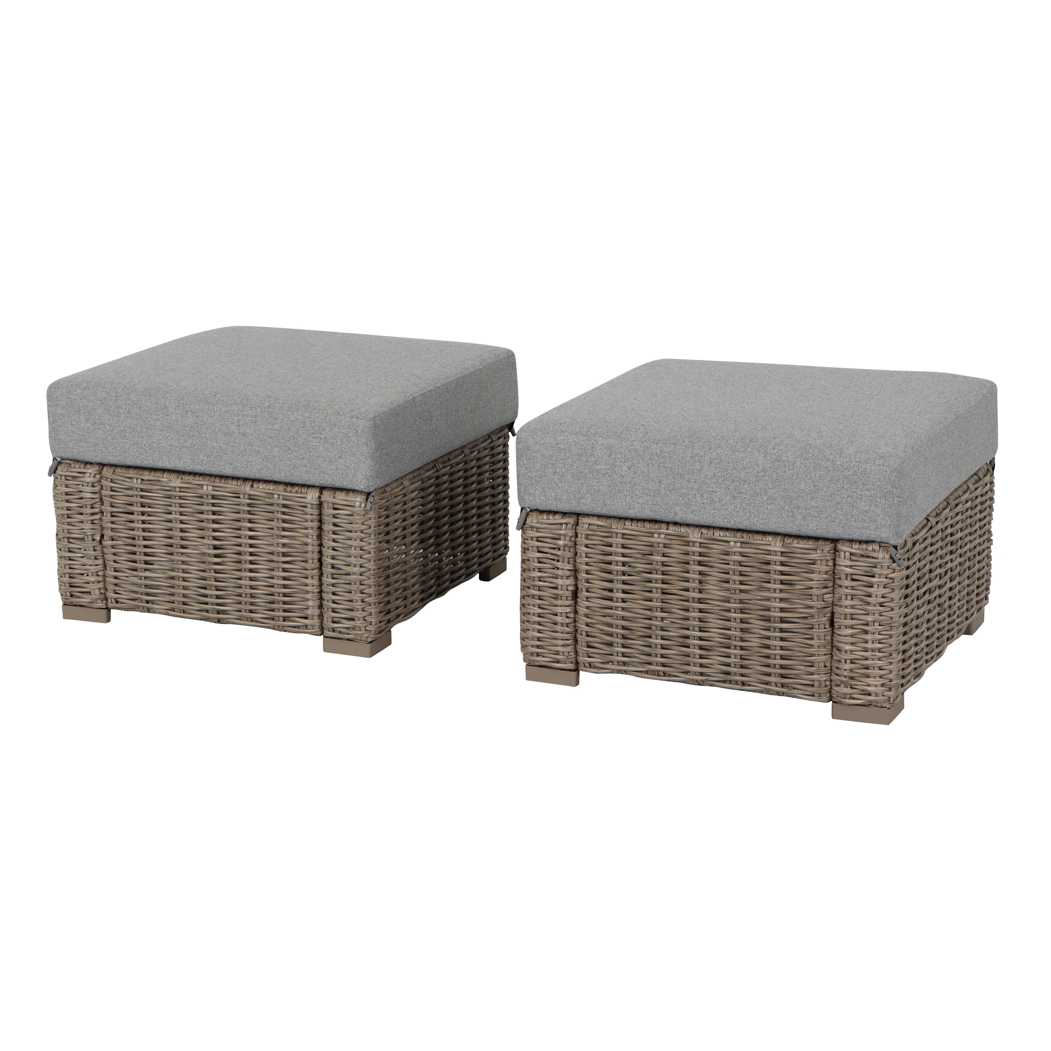 Better Homes & Gardens Bellamy Outdoor 2pk Ottomans, Gray Wicker/Gray Cushion