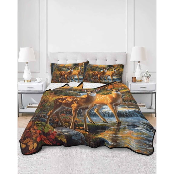 Quilts Full Size, Orange Autumn Deer Soft Comforter Bedding Set for Bed, Forest Vintage Elk Lightweight Quilted Bedspread with Pillow Cover(2 Pieces) for All Season, 78x90 Inch