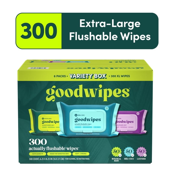 goodwipes Flushable Butt Wipes, Variety Box, 6 Pack Variety Box, 300 Total XL Wipes
