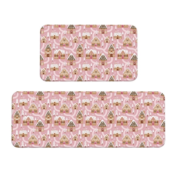 Logiee Gingerbread Houses Pink Wonderland Print Kitchen Mats for Floor Sets of 2,Waterproof Kitchen Rugs,Non Slip Comfort Standing Mat Rug for Home,Runner,Sink,Office,Laundry