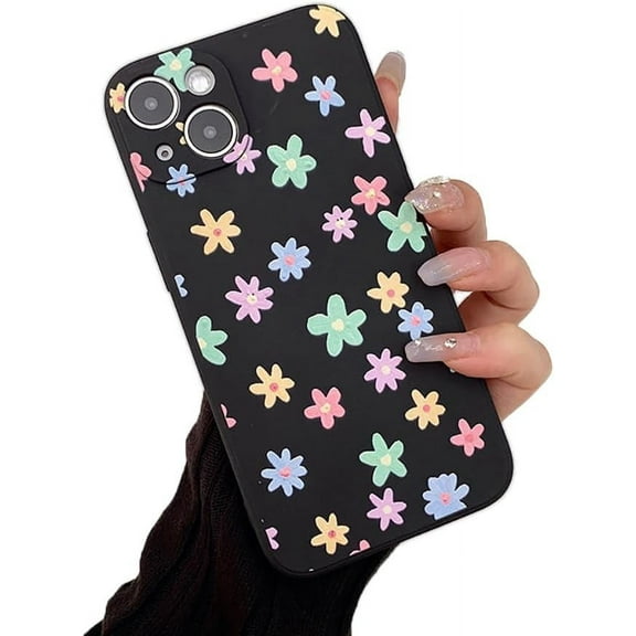Cute Flowers Love Heart Butterfly Black Soft Phone Case Compatible with iPhone Case (Flower,iPhone 12)