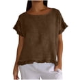 thumbnail image 2 of Women's Solid Loose Fit Short Sleeve Round Neck Ruffle Pleated Linen Casual Blouse Shirt Comfy Breathable Work Office Outfits | CSEONE,Brown L, 2 of 8