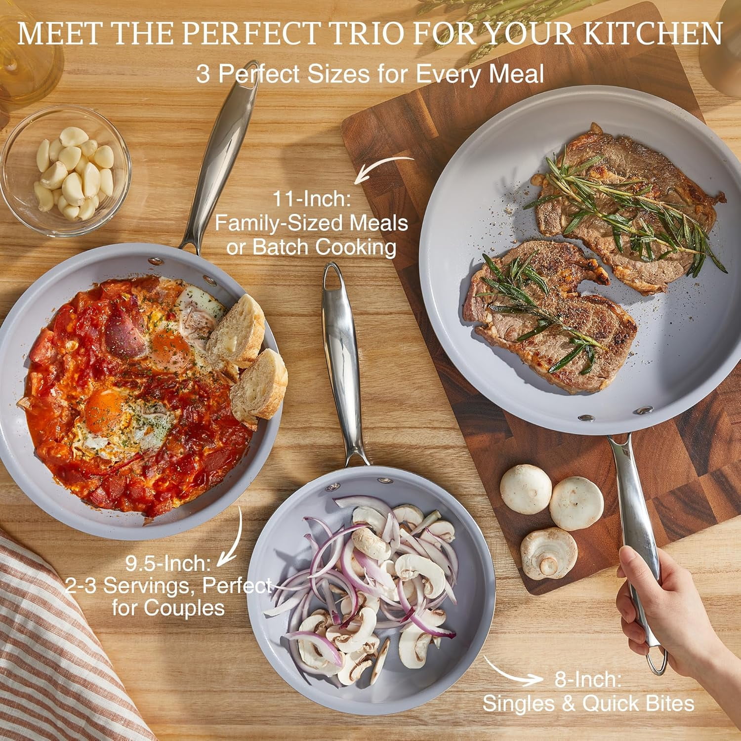 KITEXPERT Non Stick Frying Pans Set, Titanium Ceramic Pan Skillet Set Non Toxic, 8" 9.5" 11" Nonstick Frying Pan, Stainless Steel Handle, Dishwasher & Oven Safe,, Cream
