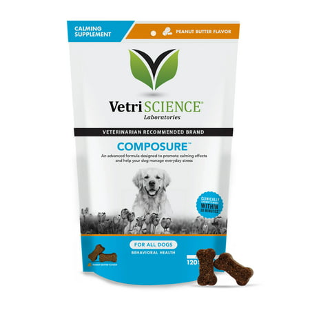 VetriScience Laboratories Composure, Calming and Anxiety Relief Supplement for Dogs, Peanut Butter Flavor, 120 Bite-Sized