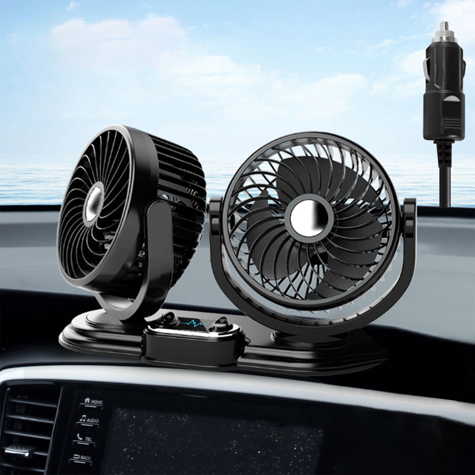 Car Fan, ZzCityTK Dual Head Folding Car Fan, Powerful 2-Speed USB Dashboard Fan for Trucks with 360° Rotation, Black