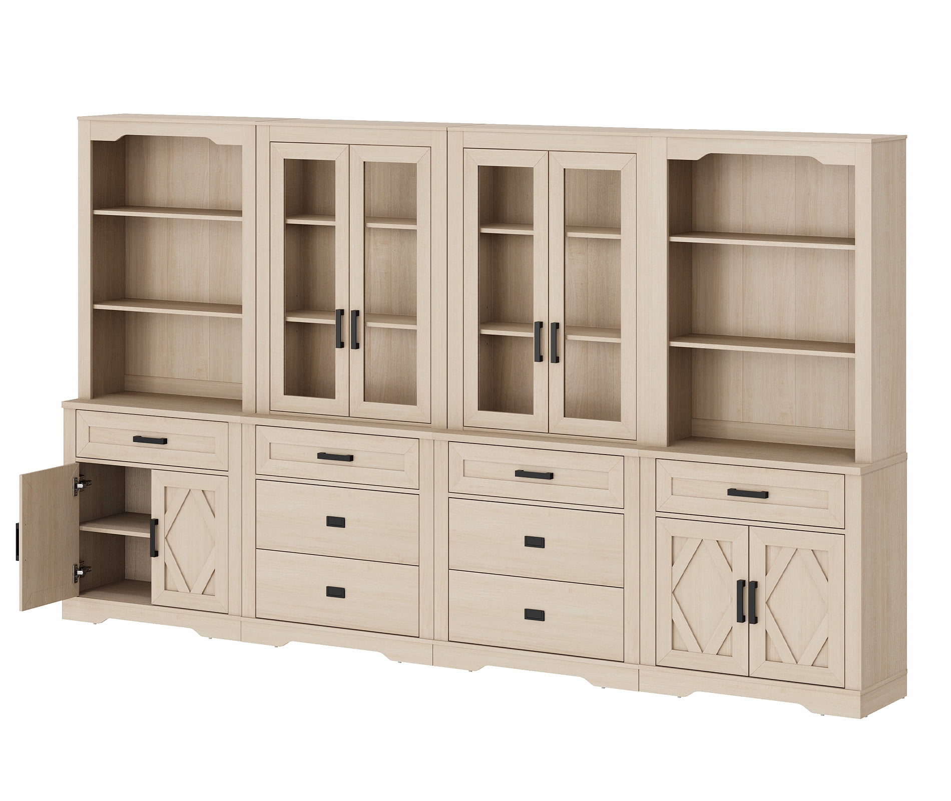 WAMPAT 4 Column 5 Tier Bookcase with Drawer,73.3" Tall Floor Standing Bookshelf,Modern Farmhouse Display Storage Cabinet with Adjustable Shelves for Living Room,Beige Oak